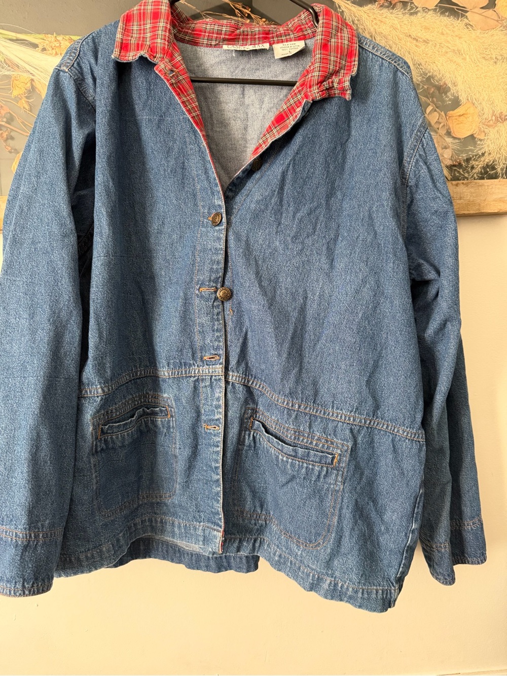 Women's Blue Denim Jacket with Red Plaid Collar - Classic Casual Layer